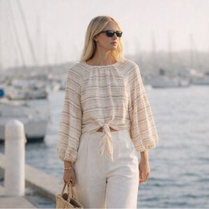 Gianni Bini Linen Blend Tie Front Blouse | Neutral Striped Boho Minimalist | S